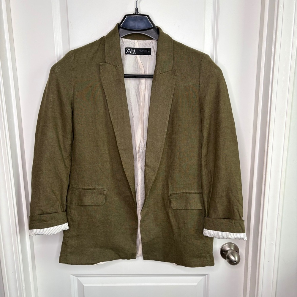 Zara Womens Olive Green 100% Linen Open Front Blazer Jacket Medium City Chic EUC